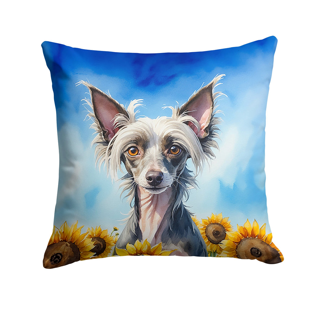 Chinese Crested in Sunflowers Decorative Throw Pillow 14x14 Indoor Outdoor Accent Cushion, Fabric Cover with Insert for Sofa, Bed, Porch & Living Room