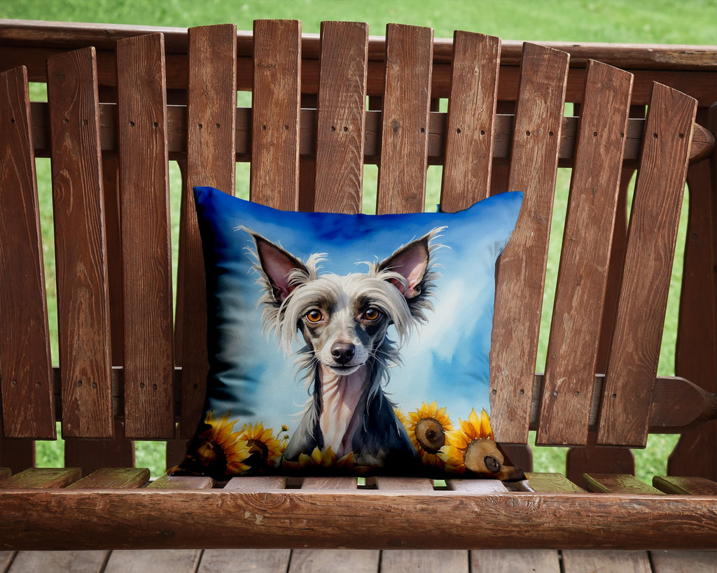 Chinese Crested in Sunflowers Decorative Throw Pillow 14x14 Indoor Outdoor Accent Cushion, Fabric Cover with Insert for Sofa, Bed, Porch & Living Room