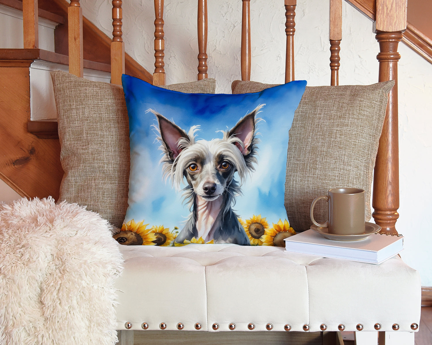 Chinese Crested in Sunflowers Decorative Throw Pillow 14x14 Indoor Outdoor Accent Cushion, Fabric Cover with Insert for Sofa, Bed, Porch & Living Room