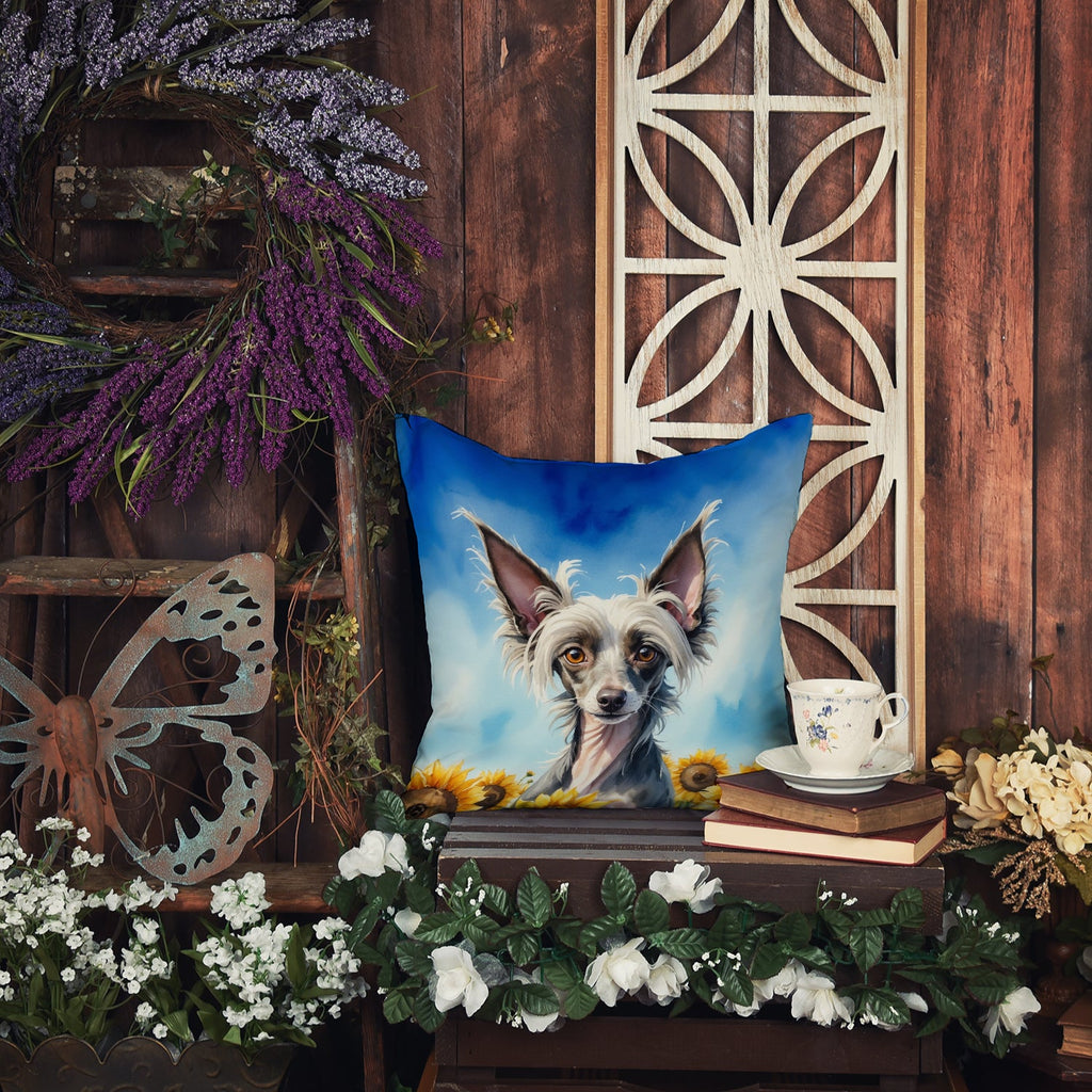 Chinese Crested in Sunflowers Decorative Throw Pillow 14x14 Indoor Outdoor Accent Cushion, Fabric Cover with Insert for Sofa, Bed, Porch & Living Room