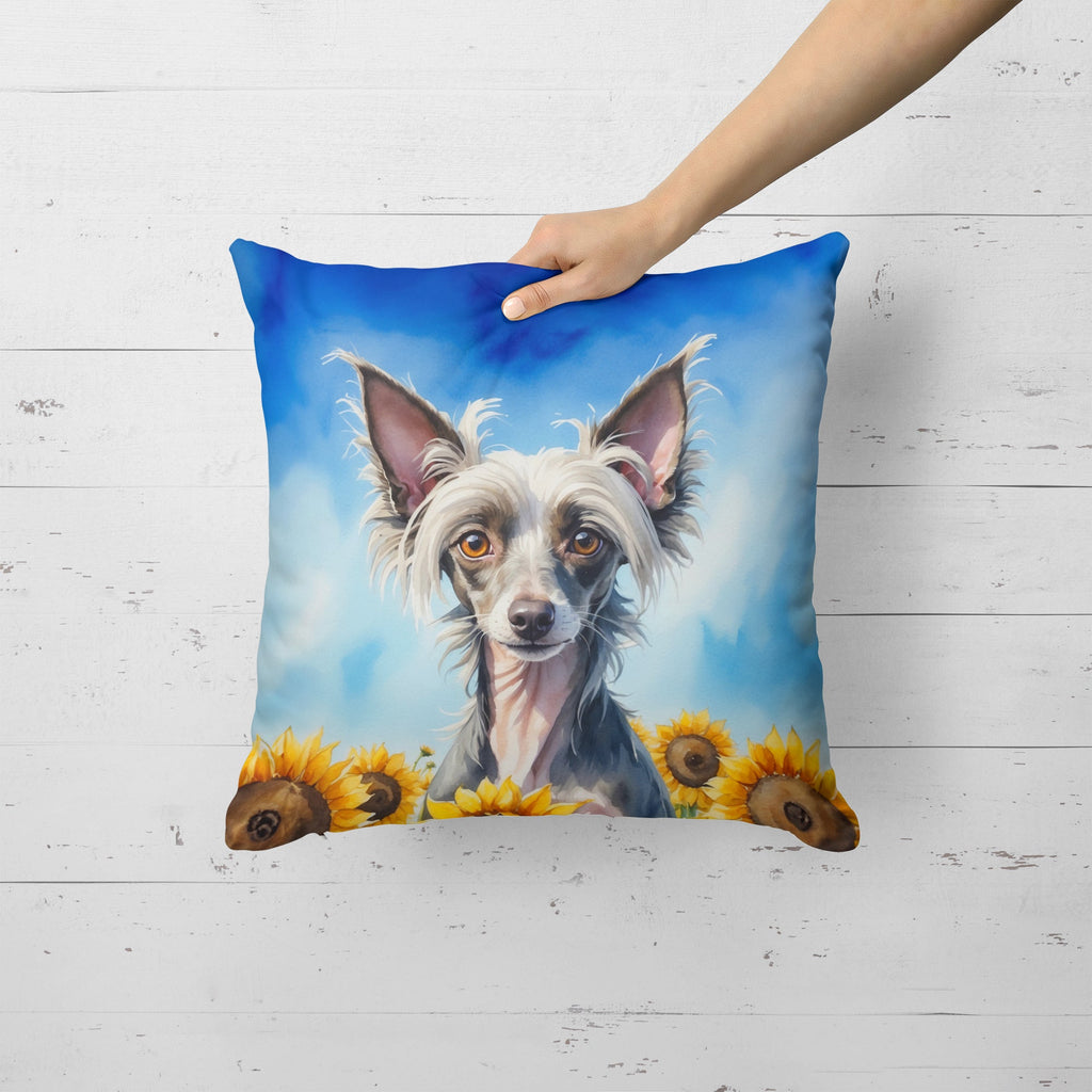 Chinese Crested in Sunflowers Decorative Throw Pillow 18x18 Indoor Outdoor Accent Cushion, Fabric Cover with Insert for Sofa, Bed, Porch & Living Room