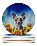 Chinese Crested in Sunflowers Large Sandstone Coasters Pack of 4 Absorbent Round Coasters Decor Gifts for Men or Women, 4 in, Multicolor