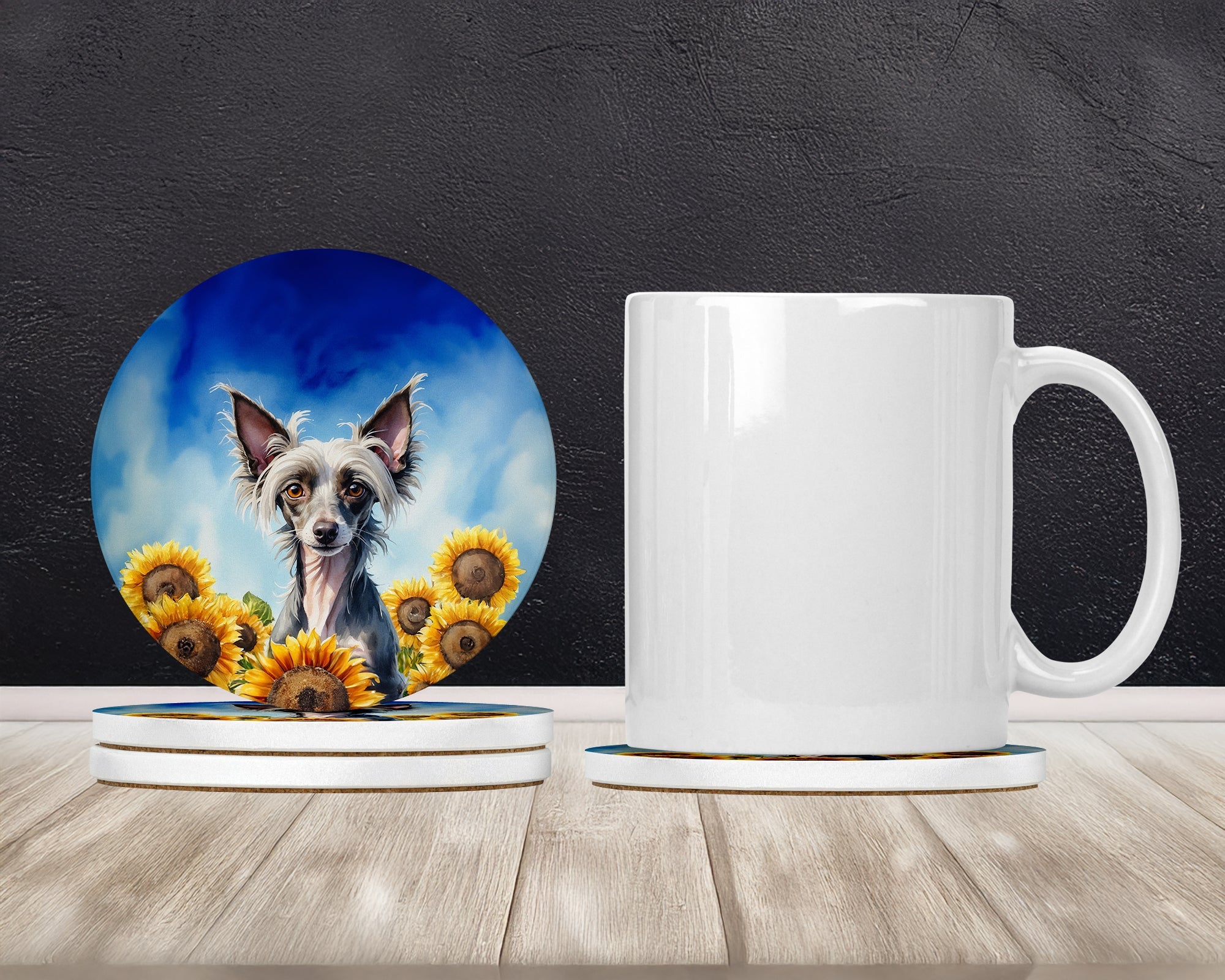 Chinese Crested in Sunflowers Large Sandstone Coasters Pack of 4 Absorbent Round Coasters Decor Gifts for Men or Women, 4 in, Multicolor