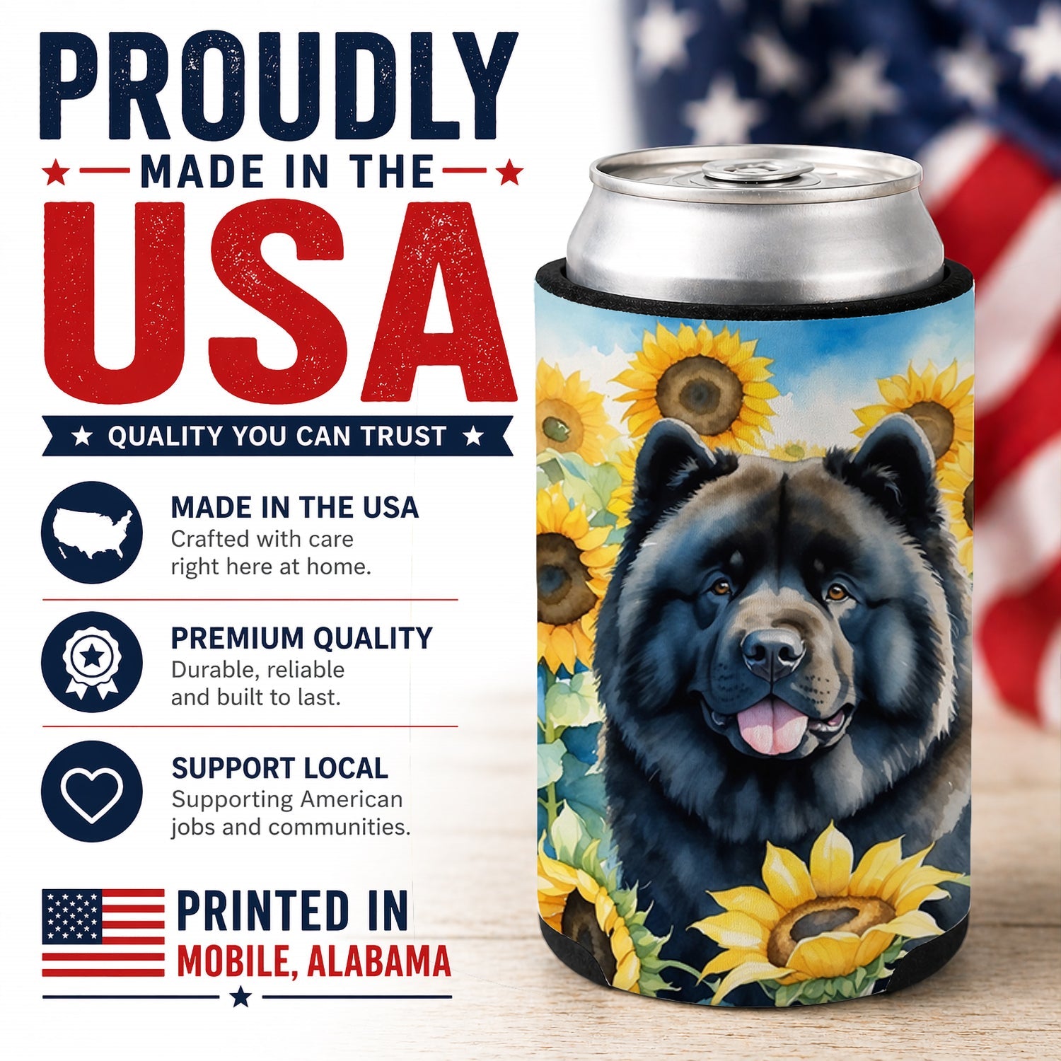 Chow Chow in Sunflowers Can or Bottle Hugger Cooler Sleeve for Standard 12 oz Cans, Insulated Foam Beer & Soda Can Hugger Reusable