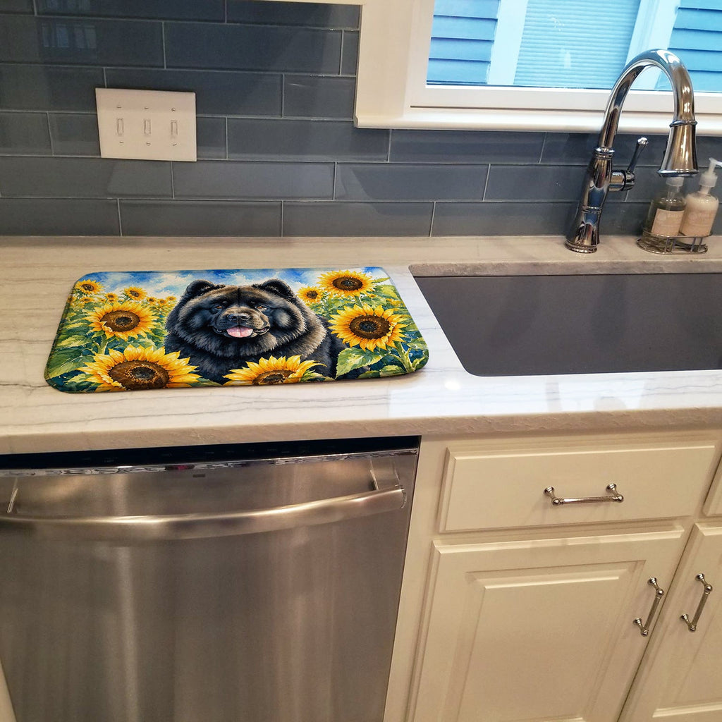 Chow Chow in Sunflowers Dish Drying Mat Absorbent Dish Drying Mat Pad for Kitchen Counter Dish Drainer Mat for Countertop, 14 x 21", Multicolor