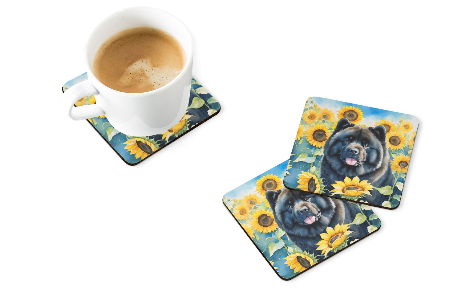 Chow Chow in Sunflowers Foam Coasters Set of 4 Cup Coasters for Indoor Outdoor, Tabletop Protection, Anti Slip, Mouse pad Material