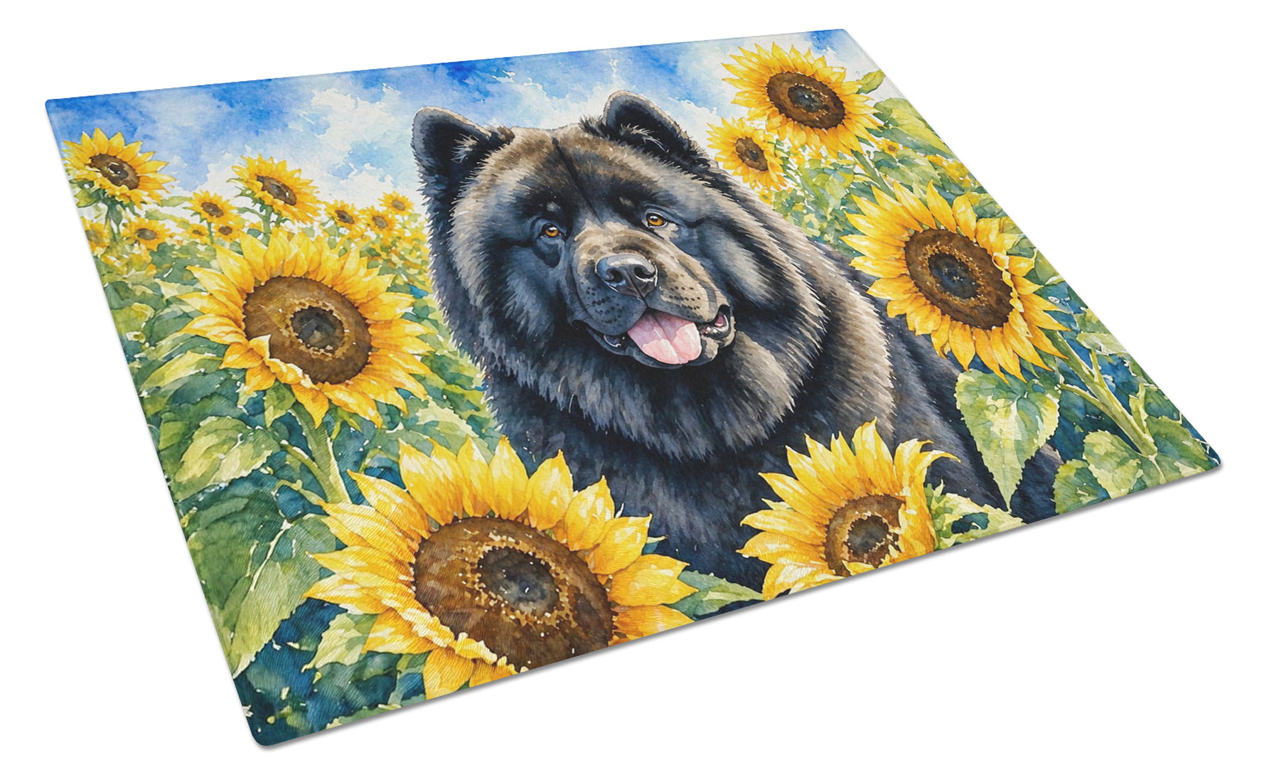 Chow Chow in Sunflowers Cutting Board Tempered Glass Kitchen Cutting Surface, Heat Resistant Chopping Board with Non-Slip Feet, Decorative Food Prep & Serving