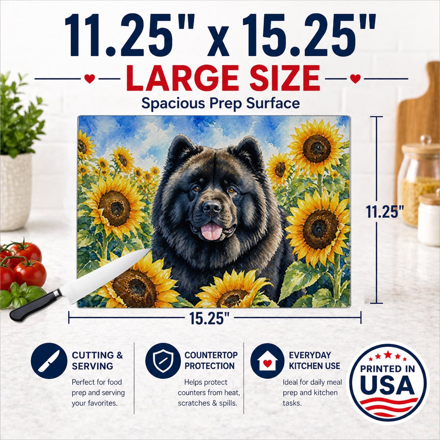 Chow Chow in Sunflowers Cutting Board Tempered Glass Kitchen Cutting Surface, Heat Resistant Chopping Board with Non-Slip Feet, Decorative Food Prep & Serving