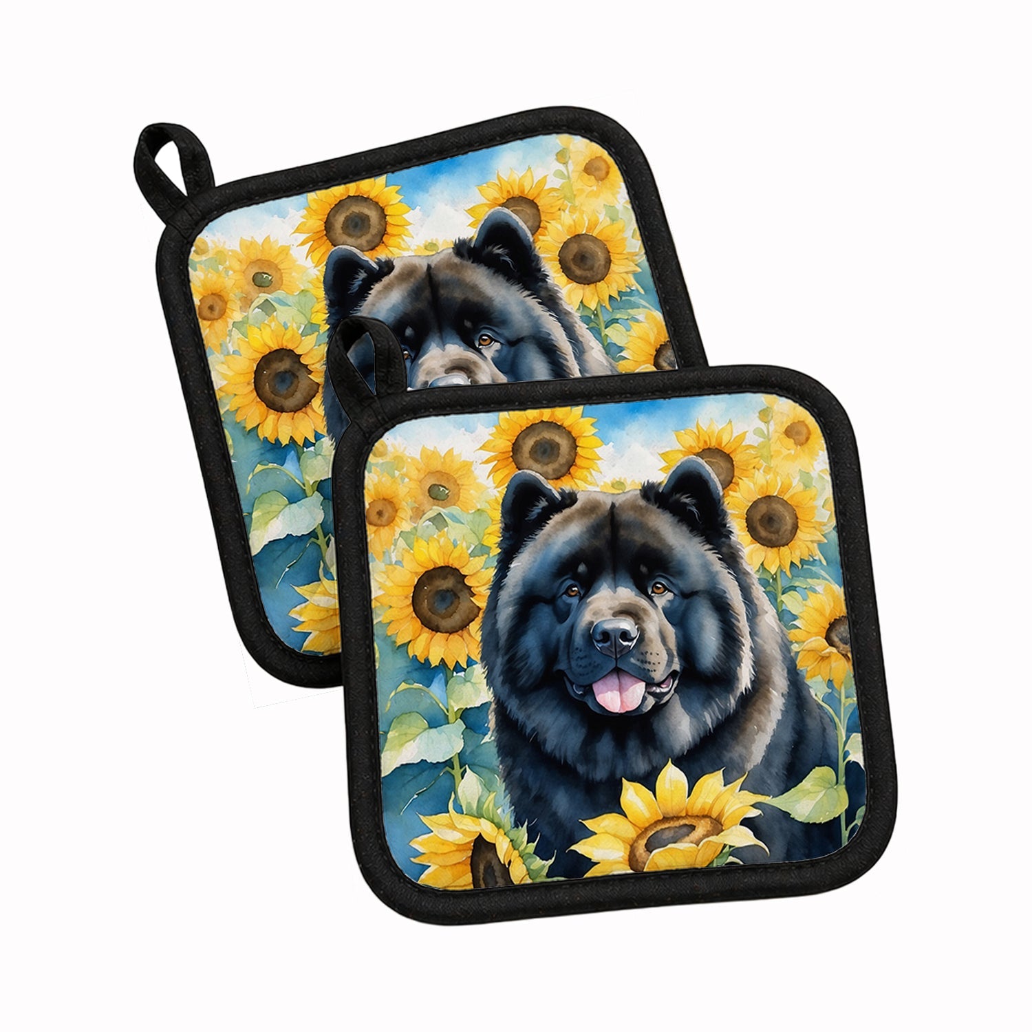 Chow Chow in Sunflowers Pot Holder Set of 2 Heat Resistant Quilted Hot Pads 7.5 x 7.5 Inch, Insulated Kitchen Trivets for Cooking & Baking