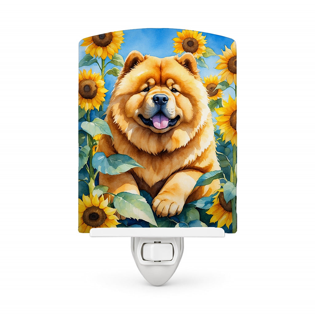 Chow Chow in Sunflowers Ceramic Night Light Compact, UL-Certified, Ideal for Bedroom, Bathroom, Nursery, Hallway, Kitchen, 6x4x3, Multicolor