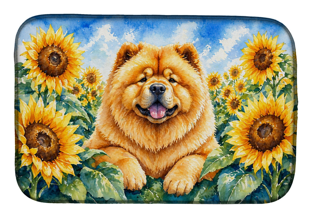 Chow Chow in Sunflowers Dish Drying Mat Absorbent Dish Drying Mat Pad for Kitchen Counter Dish Drainer Mat for Countertop, 14 x 21", Multicolor