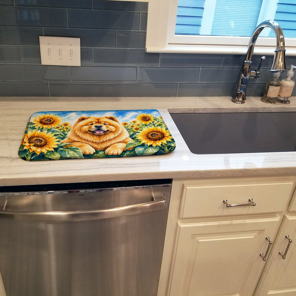 Chow Chow in Sunflowers Dish Drying Mat Absorbent Dish Drying Mat Pad for Kitchen Counter Dish Drainer Mat for Countertop, 14 x 21", Multicolor