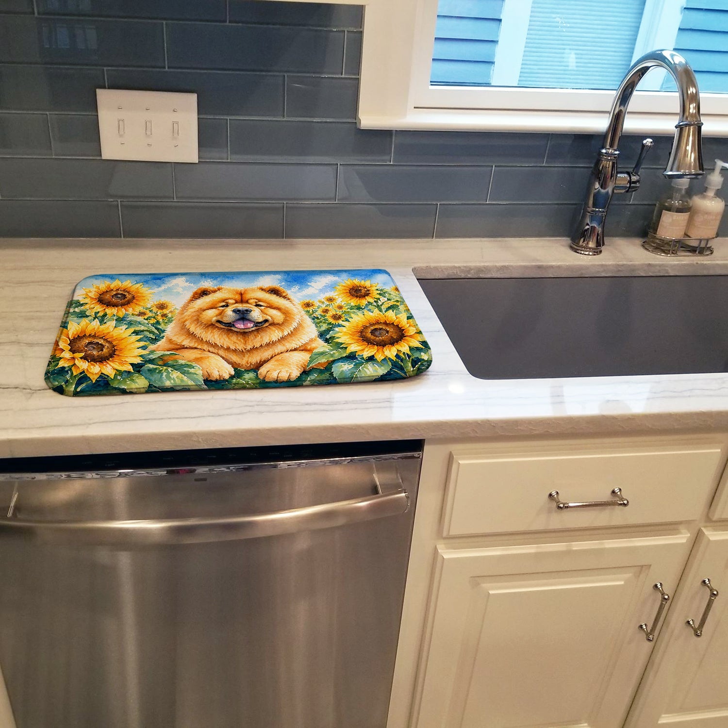 Chow Chow in Sunflowers Dish Drying Mat Absorbent Dish Drying Mat Pad for Kitchen Counter Dish Drainer Mat for Countertop, 14 x 21", Multicolor
