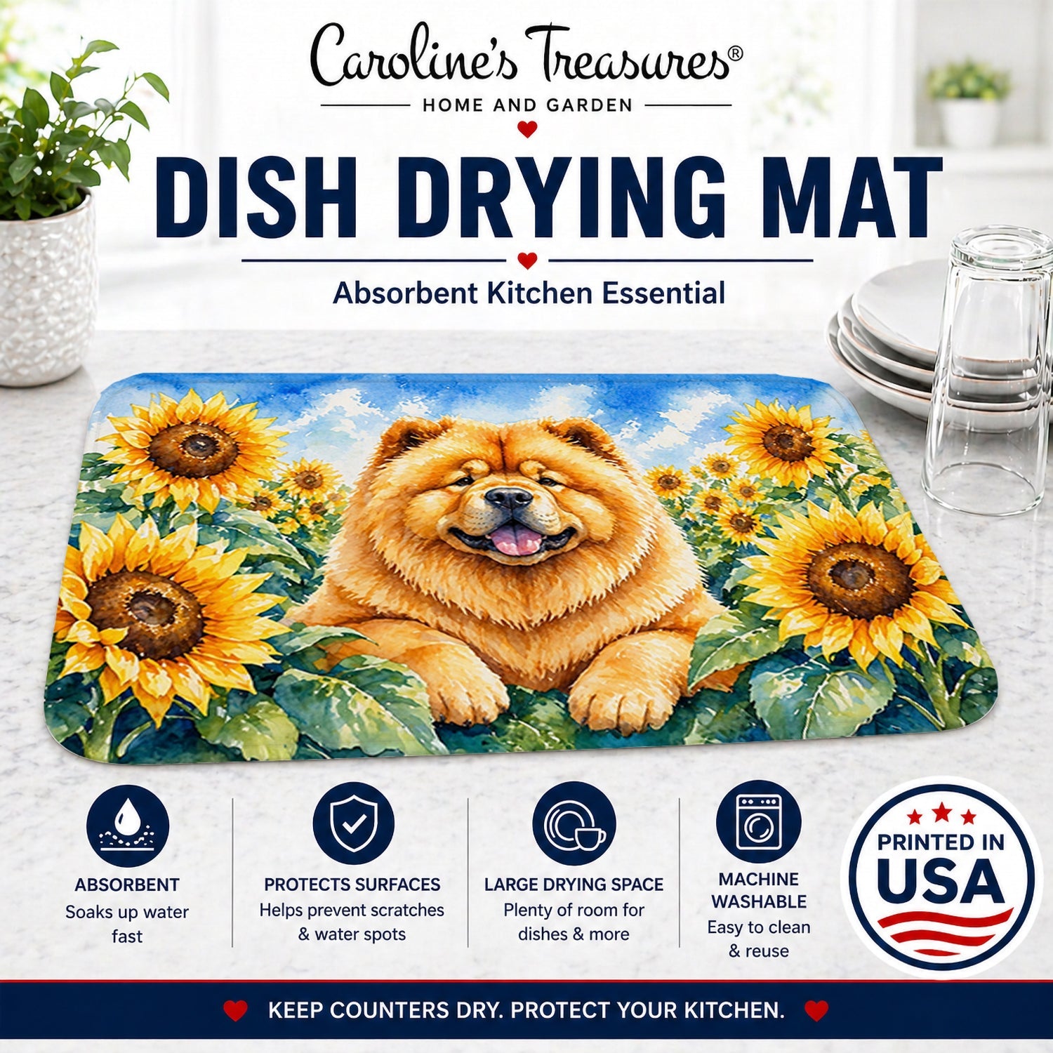 Chow Chow in Sunflowers Dish Drying Mat Absorbent Dish Drying Mat Pad for Kitchen Counter Dish Drainer Mat for Countertop, 14 x 21", Multicolor
