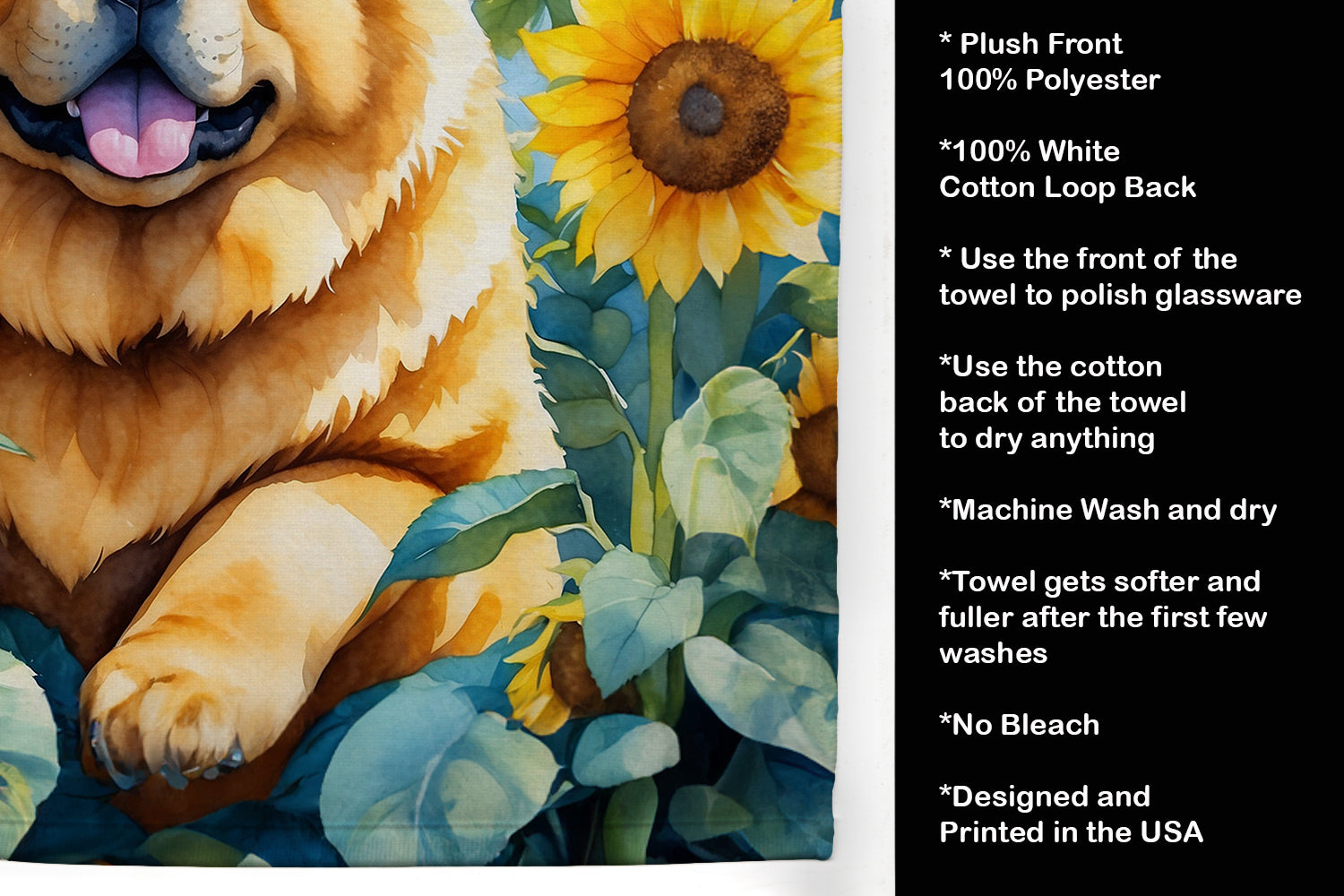Chow Chow in Sunflowers Kitchen Towel Velour Plush Front and Cotton Loop Back Machine Washable