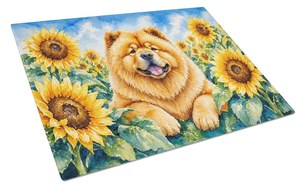Chow Chow in Sunflowers Cutting Board Tempered Glass Kitchen Cutting Surface, Heat Resistant Chopping Board with Non-Slip Feet, Decorative Food Prep & Serving