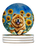Chow Chow in Sunflowers Large Sandstone Coasters Pack of 4 Absorbent Round Coasters Decor Gifts for Men or Women, 4 in, Multicolor