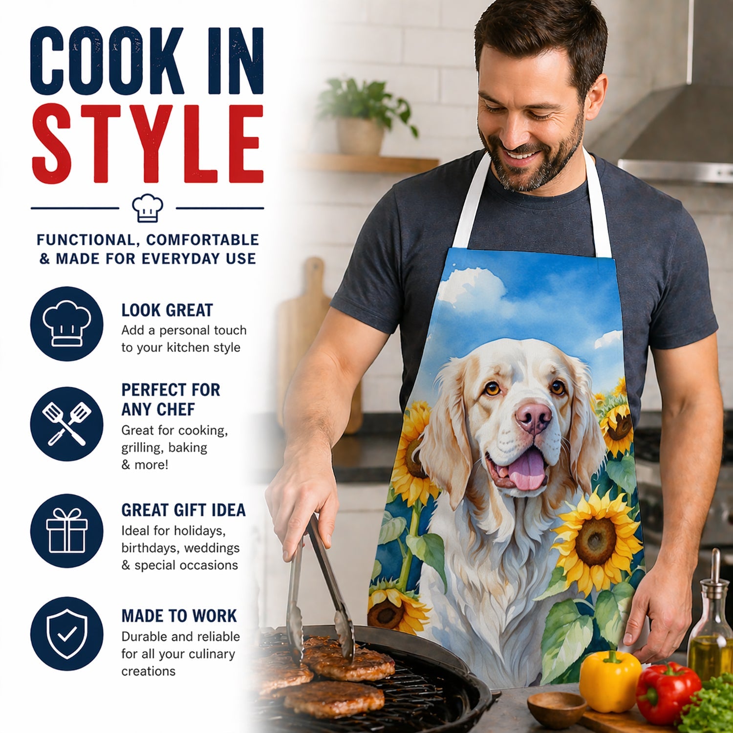 Clumber Spaniel in Sunflowers Apron Cooking Kitchen Server Baking Crafts Gardening for Adult Women Men, Unisex, Large, Multicolor