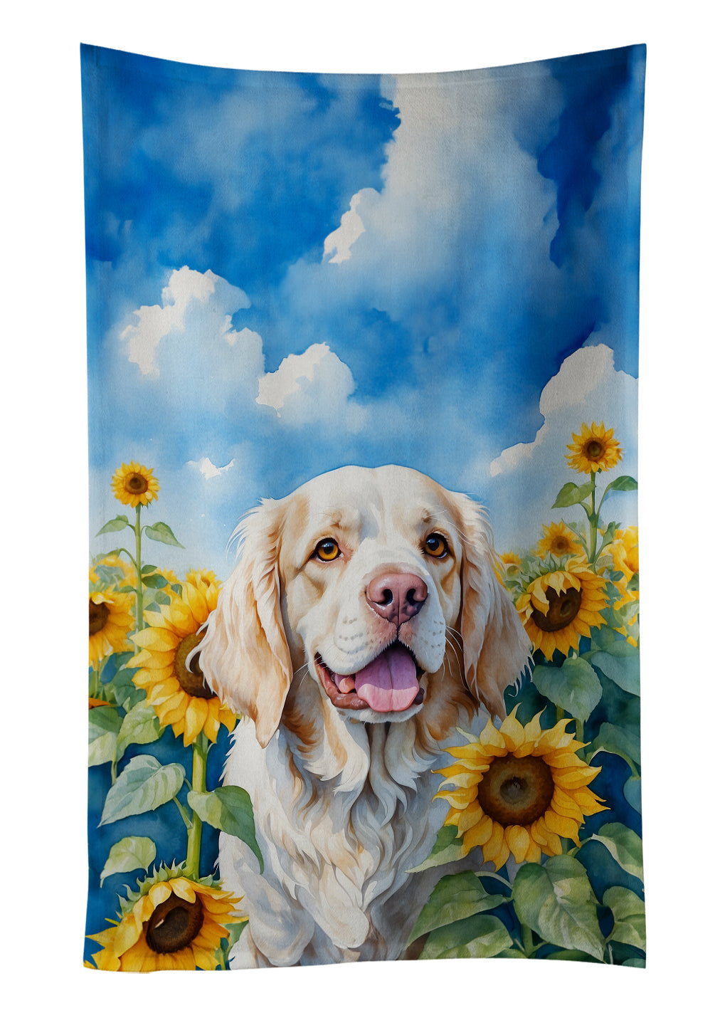Clumber Spaniel in Sunflowers Kitchen Towel Velour Plush Front and Cotton Loop Back Machine Washable