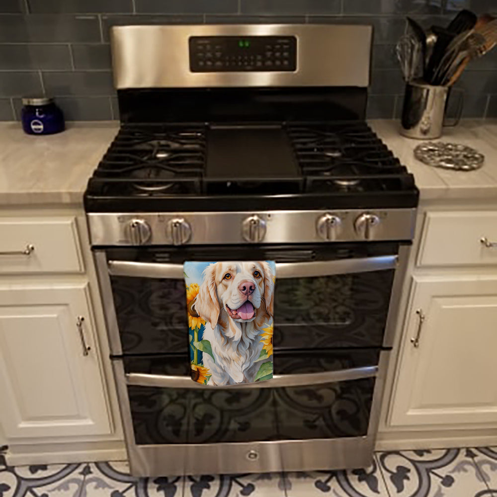Clumber Spaniel in Sunflowers Kitchen Towel Velour Plush Front and Cotton Loop Back Machine Washable