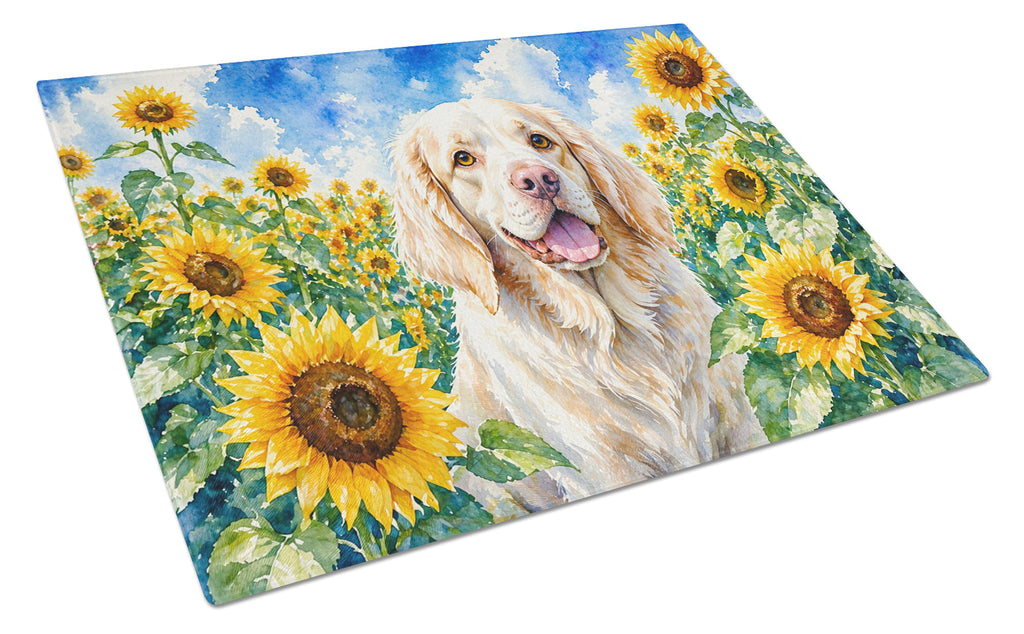 Clumber Spaniel in Sunflowers Cutting Board Tempered Glass Kitchen Cutting Surface, Heat Resistant Chopping Board with Non-Slip Feet, Decorative Food Prep & Serving