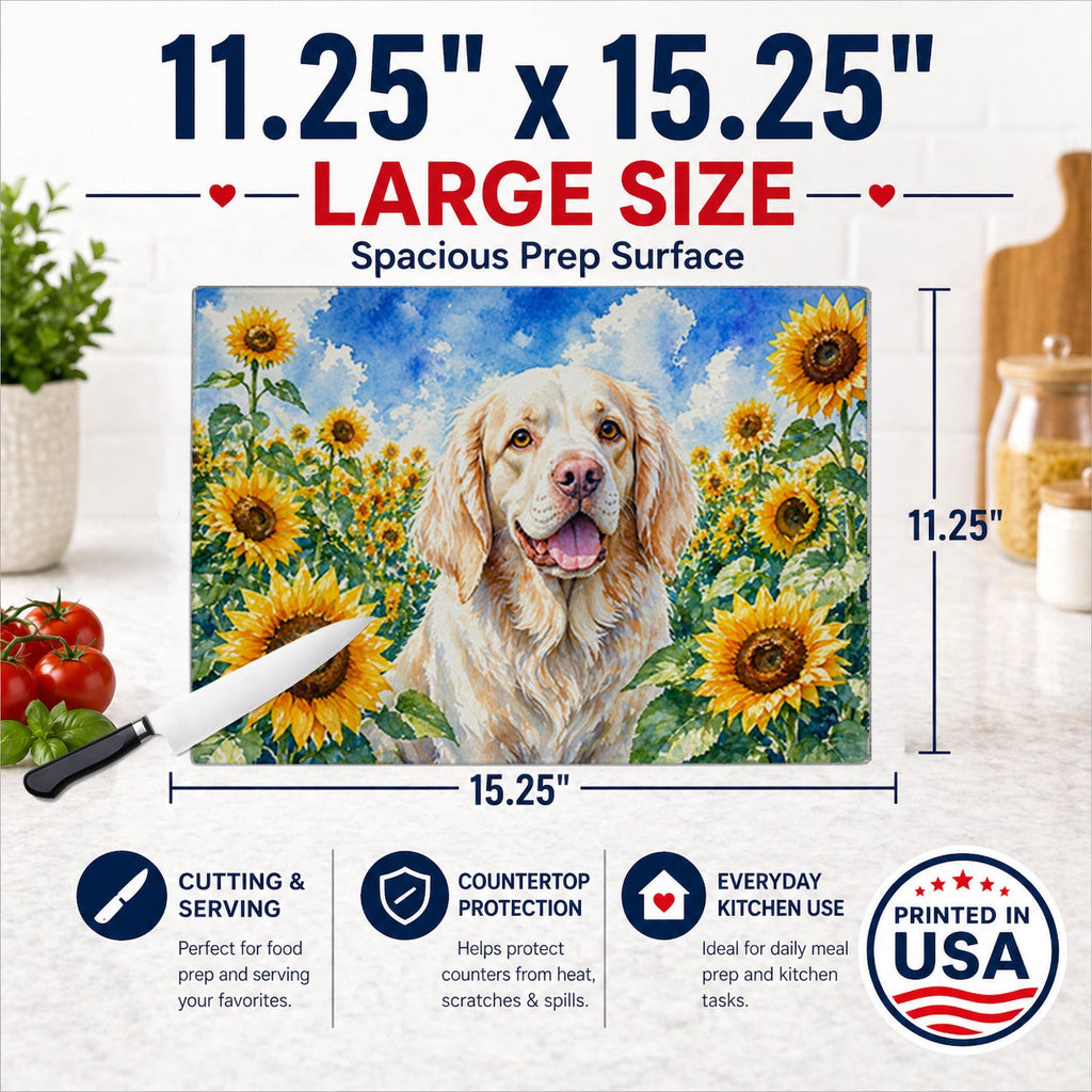 Clumber Spaniel in Sunflowers Cutting Board Tempered Glass Kitchen Cutting Surface, Heat Resistant Chopping Board with Non-Slip Feet, Decorative Food Prep & Serving