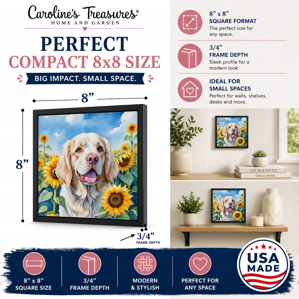 Clumber Spaniel in Sunflowers Framed Metal Print Bathroom, Kitchen, Office, Home Decor Wall Art Ready to Hang, Square, 8X8