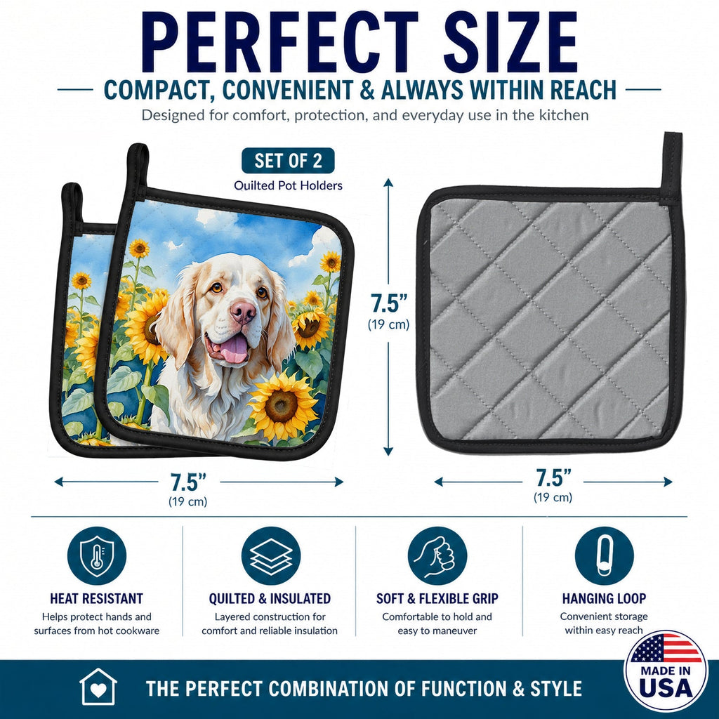 Clumber Spaniel in Sunflowers Pot Holder Set of 2 Heat Resistant Quilted Hot Pads 7.5 x 7.5 Inch, Insulated Kitchen Trivets for Cooking & Baking