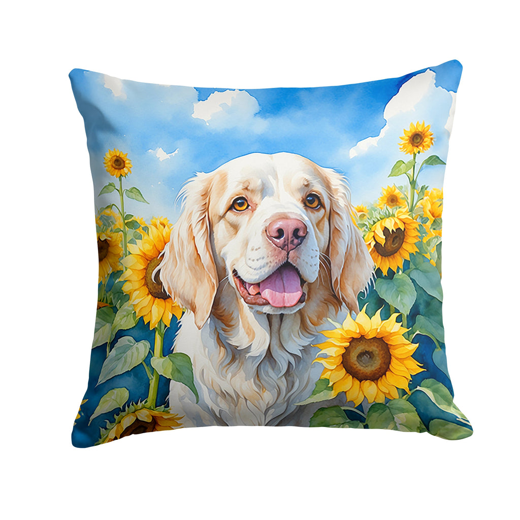 Clumber Spaniel in Sunflowers Decorative Throw Pillow 14x14 Indoor Outdoor Accent Cushion, Fabric Cover with Insert for Sofa, Bed, Porch & Living Room