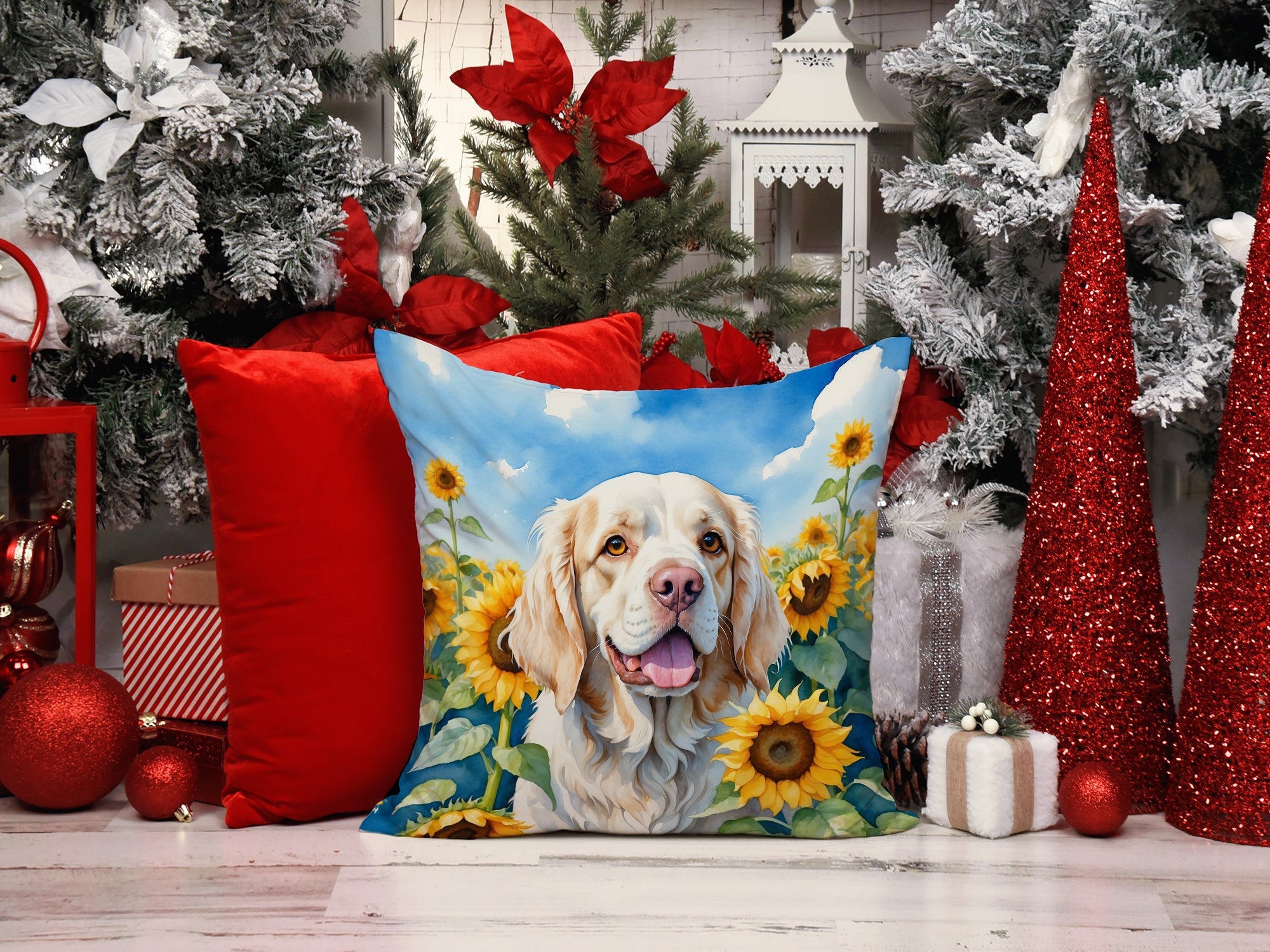 Clumber Spaniel in Sunflowers Decorative Throw Pillow 14x14 Indoor Outdoor Accent Cushion, Fabric Cover with Insert for Sofa, Bed, Porch & Living Room