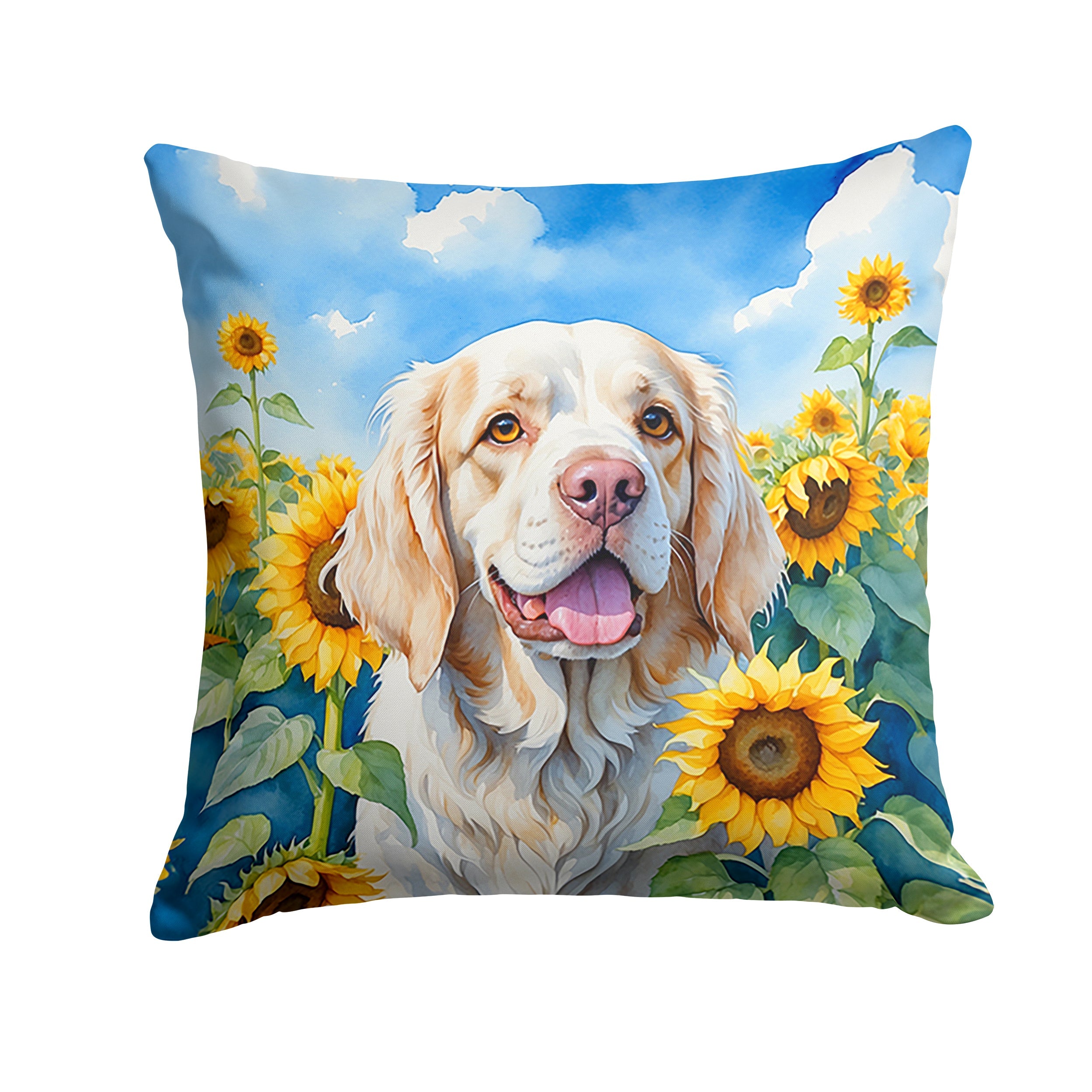 Clumber Spaniel in Sunflowers Decorative Throw Pillow 18x18 Indoor Outdoor Accent Cushion, Fabric Cover with Insert for Sofa, Bed, Porch & Living Room