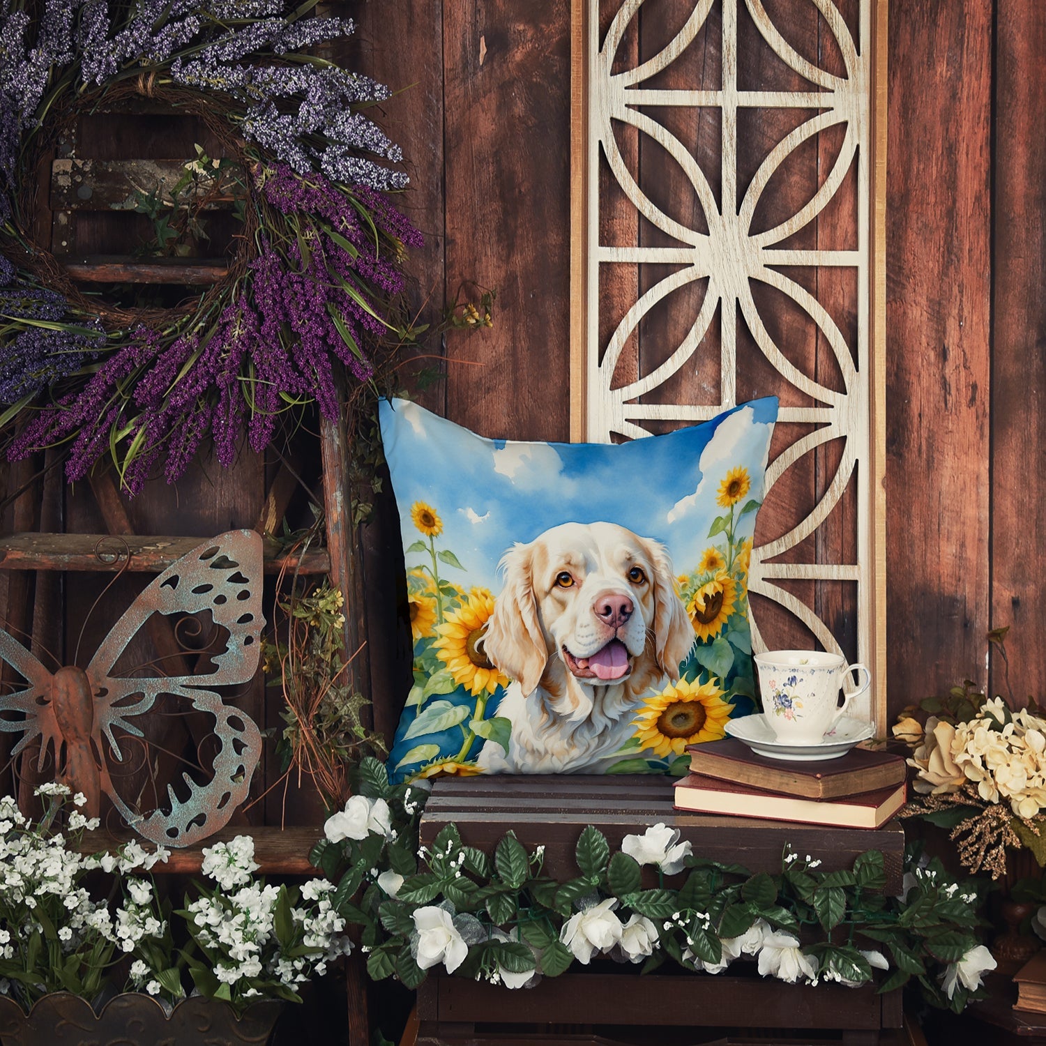 Clumber Spaniel in Sunflowers Decorative Throw Pillow 18x18 Indoor Outdoor Accent Cushion, Fabric Cover with Insert for Sofa, Bed, Porch & Living Room