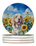 Clumber Spaniel in Sunflowers Large Sandstone Coasters Pack of 4 Absorbent Round Coasters Decor Gifts for Men or Women, 4 in, Multicolor