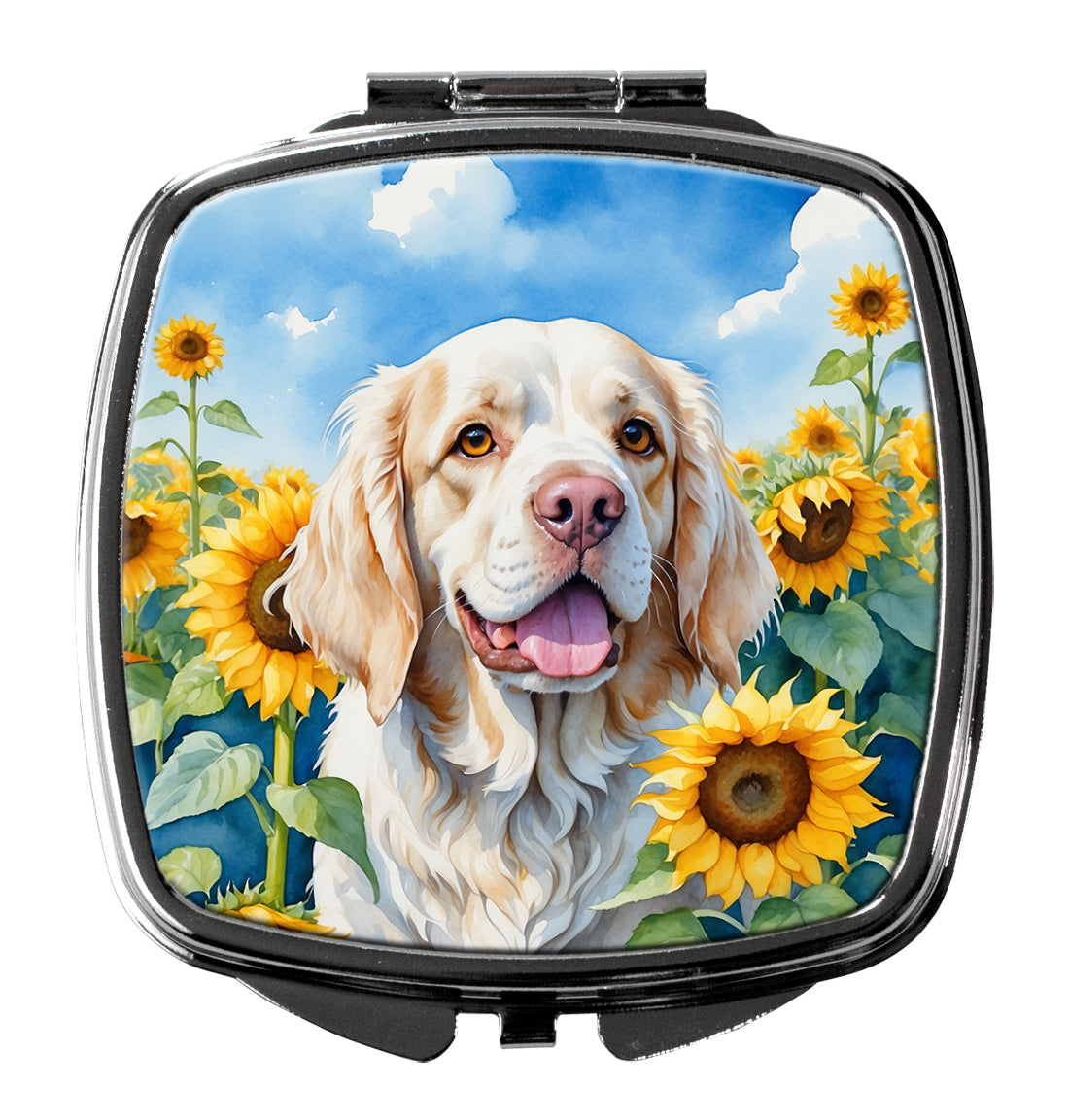 Clumber Spaniel in Sunflowers Compact Mirror Decorative Travel Makeup Mirror for Women Girls Gifts Pocket Makeup Mirror Folding Handheld