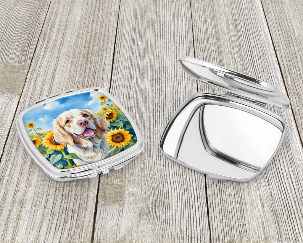 Clumber Spaniel in Sunflowers Compact Mirror Decorative Travel Makeup Mirror for Women Girls Gifts Pocket Makeup Mirror Folding Handheld