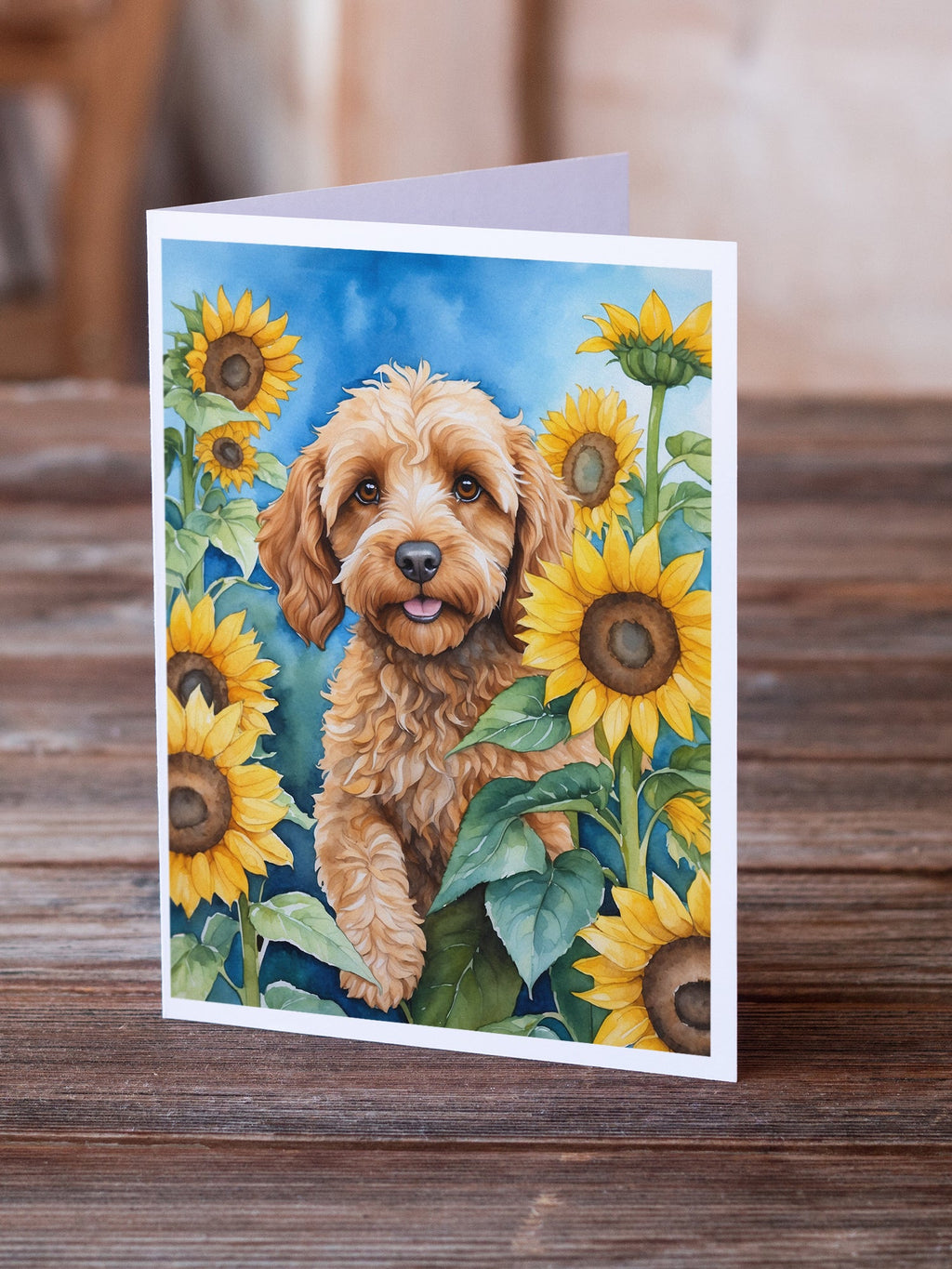 Cockapoo in Sunflowers Greeting Cards Pack of 8 Blank Cards with Envelopes Whimsical A7 Size 5x7