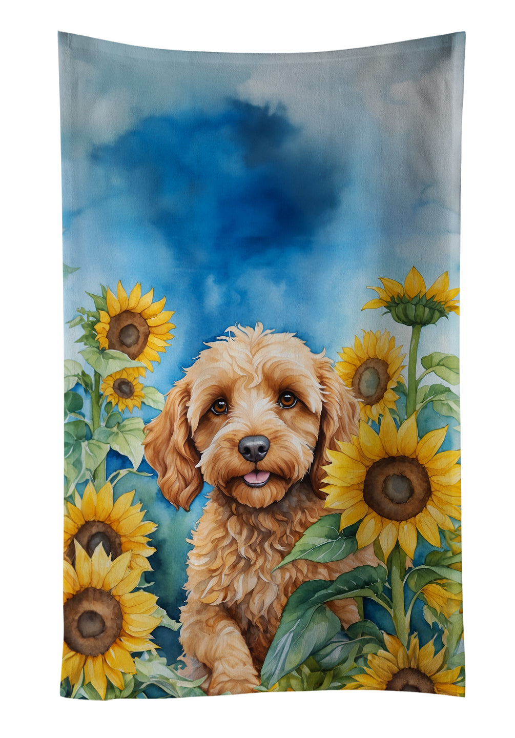 Cockapoo in Sunflowers Kitchen Towel Velour Plush Front and Cotton Loop Back Machine Washable