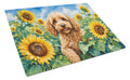 Cockapoo in Sunflowers Cutting Board Tempered Glass Kitchen Cutting Surface, Heat Resistant Chopping Board with Non-Slip Feet, Decorative Food Prep & Serving