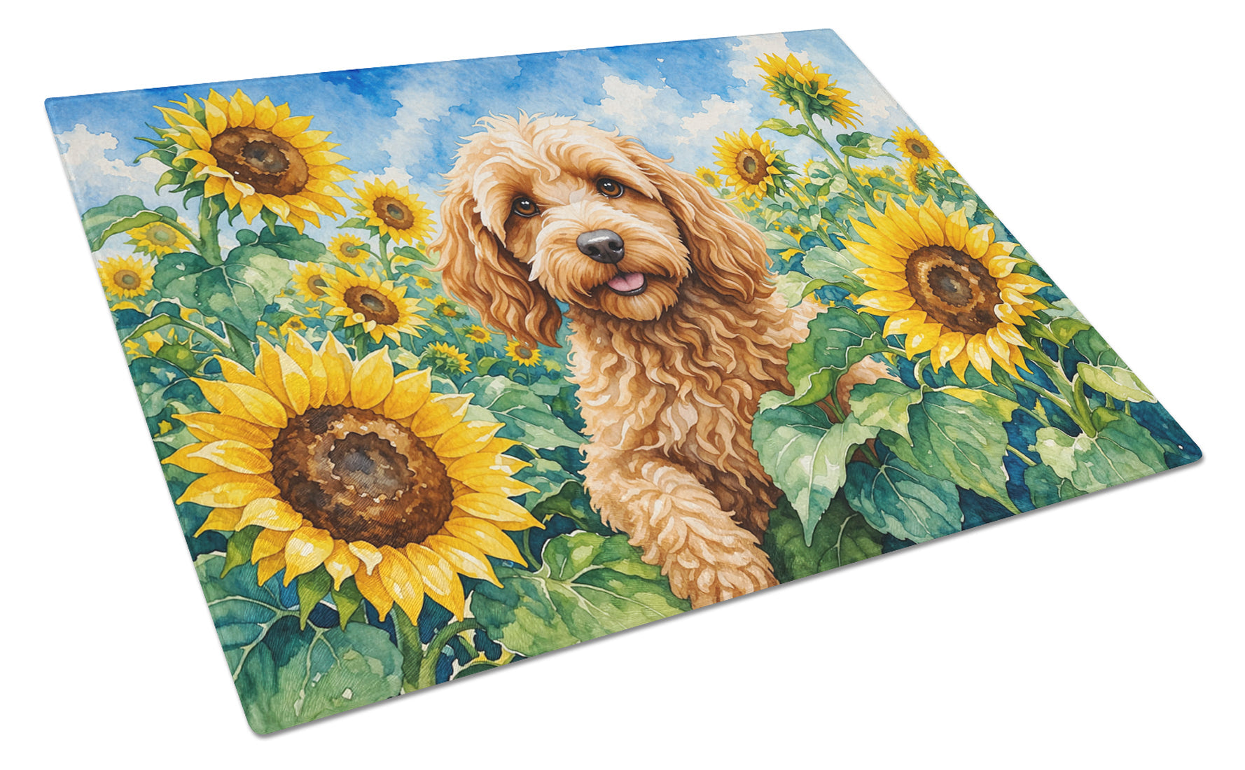 Cockapoo in Sunflowers Cutting Board Tempered Glass Kitchen Cutting Surface, Heat Resistant Chopping Board with Non-Slip Feet, Decorative Food Prep & Serving