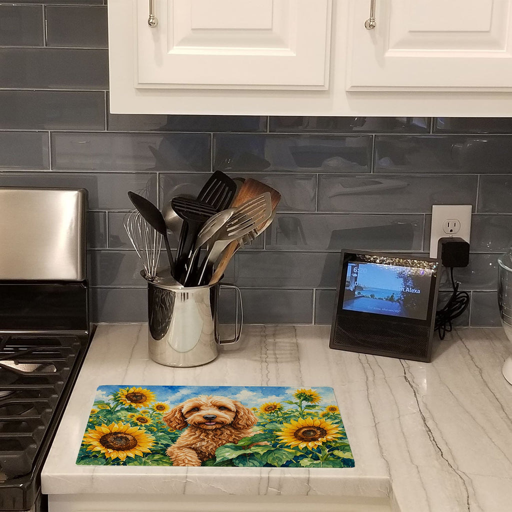 Cockapoo in Sunflowers Cutting Board Tempered Glass Kitchen Cutting Surface, Heat Resistant Chopping Board with Non-Slip Feet, Decorative Food Prep & Serving