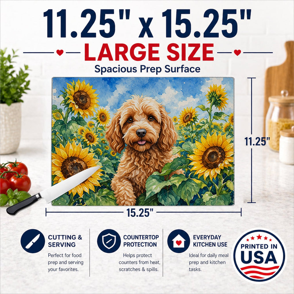 Cockapoo in Sunflowers Cutting Board Tempered Glass Kitchen Cutting Surface, Heat Resistant Chopping Board with Non-Slip Feet, Decorative Food Prep & Serving