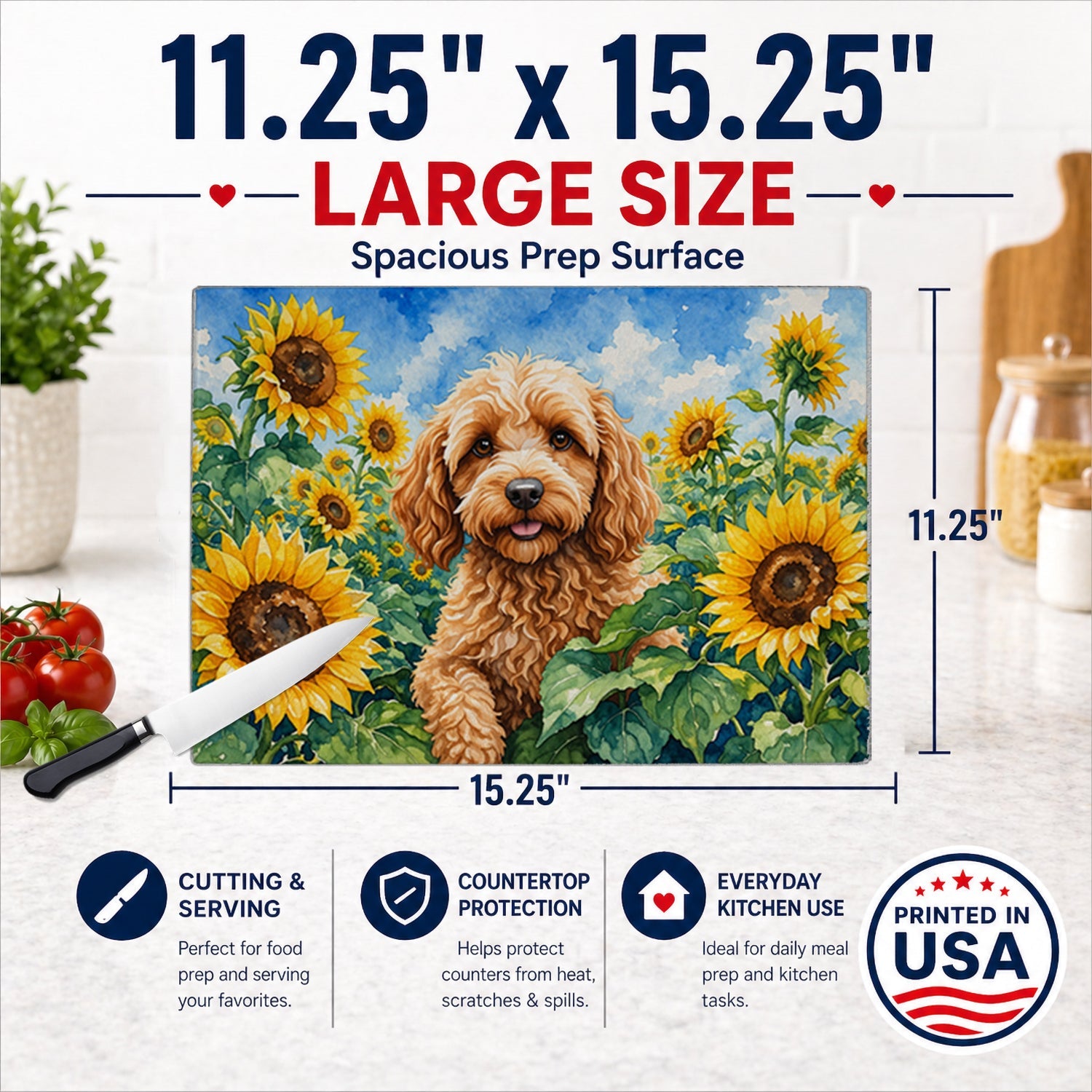 Cockapoo in Sunflowers Cutting Board Tempered Glass Kitchen Cutting Surface, Heat Resistant Chopping Board with Non-Slip Feet, Decorative Food Prep & Serving