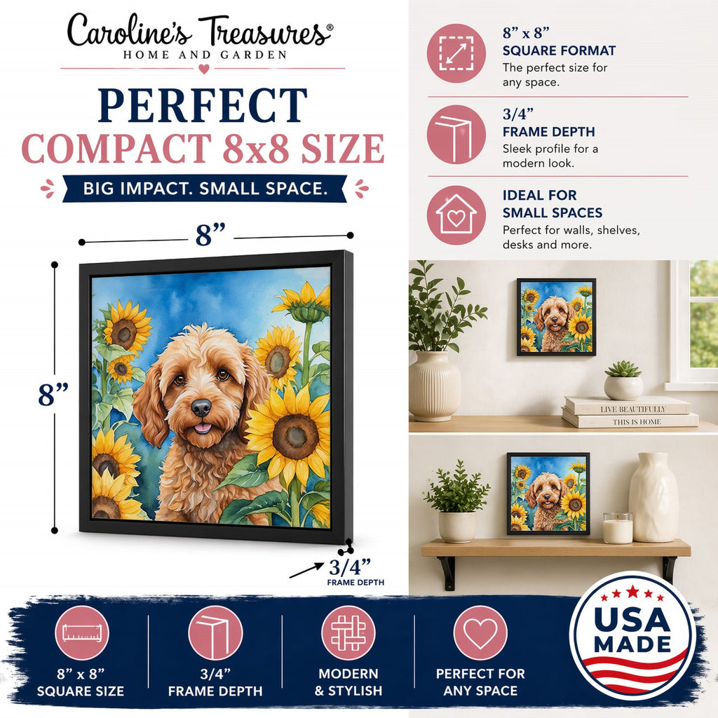 Cockapoo in Sunflowers Framed Metal Print Bathroom, Kitchen, Office, Home Decor Wall Art Ready to Hang, Square, 8X8