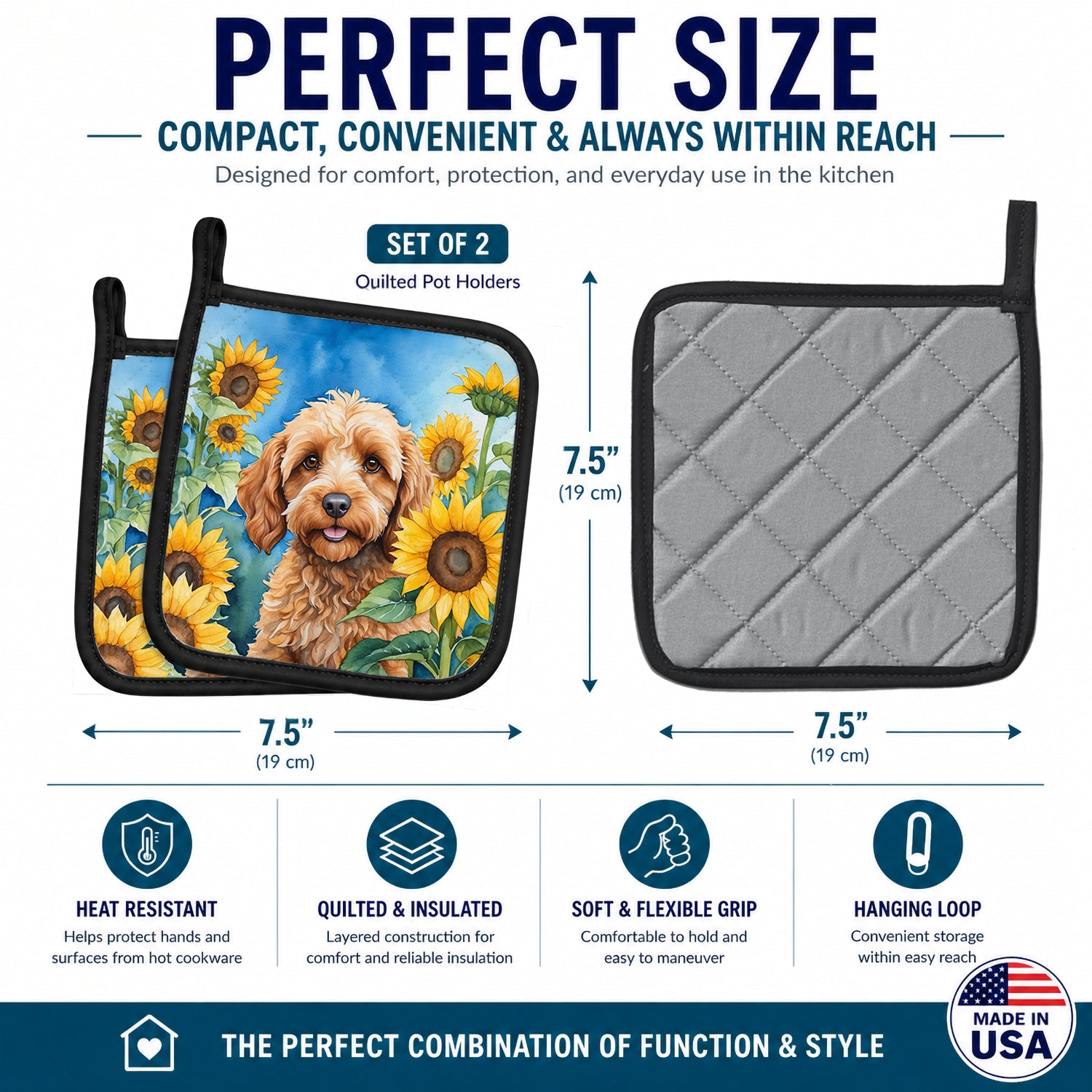 Cockapoo in Sunflowers Pot Holder Set of 2 Heat Resistant Quilted Hot Pads 7.5 x 7.5 Inch, Insulated Kitchen Trivets for Cooking & Baking