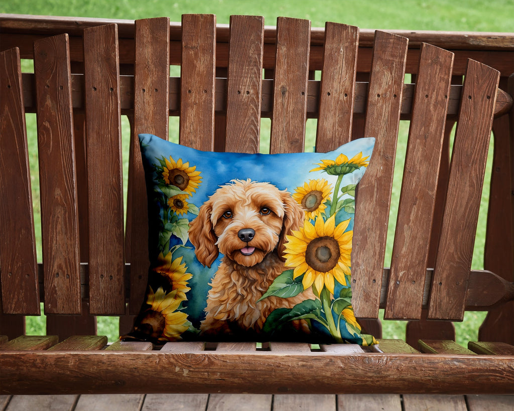 Cockapoo in Sunflowers Decorative Throw Pillow 14x14 Indoor Outdoor Accent Cushion, Fabric Cover with Insert for Sofa, Bed, Porch & Living Room