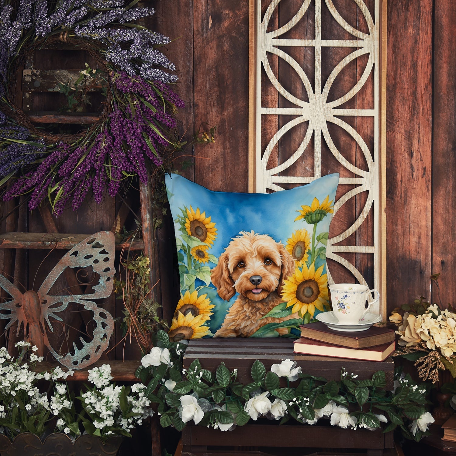 Cockapoo in Sunflowers Decorative Throw Pillow 18x18 Indoor Outdoor Accent Cushion, Fabric Cover with Insert for Sofa, Bed, Porch & Living Room