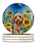 Cockapoo in Sunflowers Large Sandstone Coasters Pack of 4 Absorbent Round Coasters Decor Gifts for Men or Women, 4 in, Multicolor
