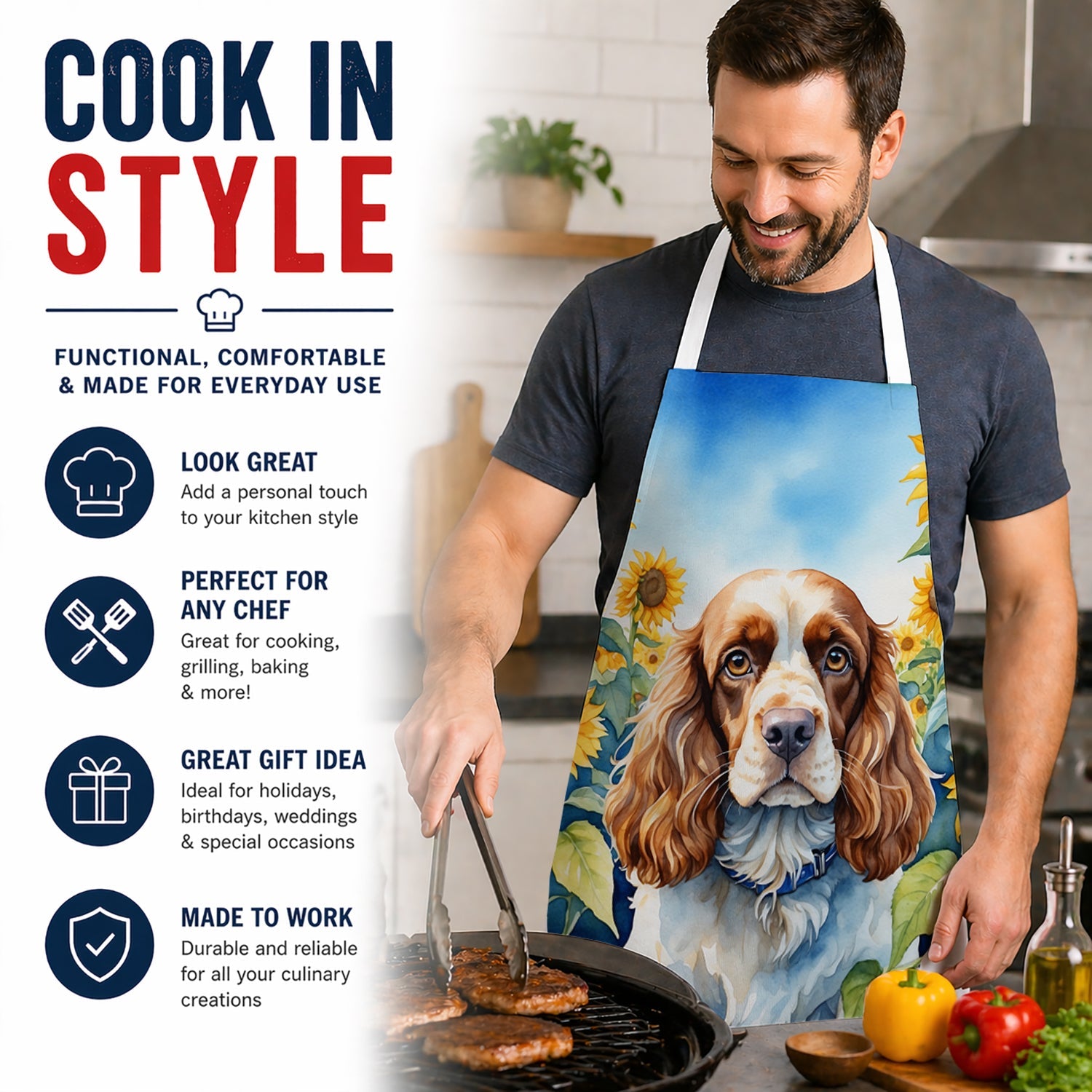 Cocker Spaniel in Sunflowers Apron Cooking Kitchen Server Baking Crafts Gardening for Adult Women Men, Unisex, Large, Multicolor