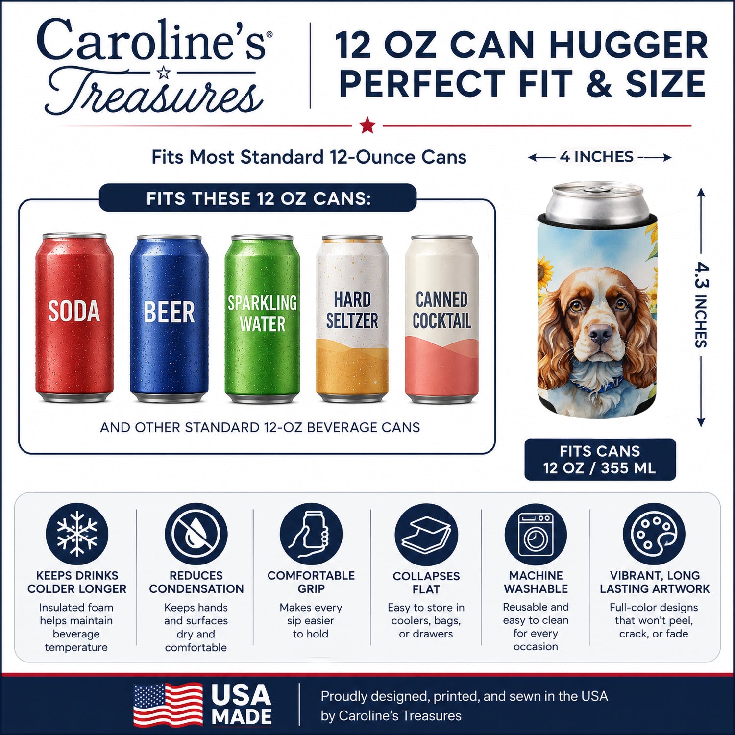 Cocker Spaniel in Sunflowers Can or Bottle Hugger Cooler Sleeve for Standard 12 oz Cans, Insulated Foam Beer & Soda Can Hugger Reusable