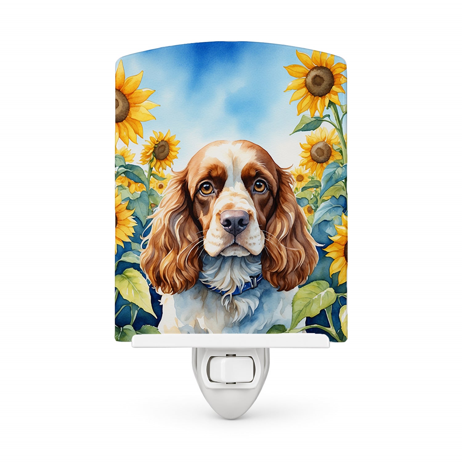 Cocker Spaniel in Sunflowers Ceramic Night Light Compact, UL-Certified, Ideal for Bedroom, Bathroom, Nursery, Hallway, Kitchen, 6x4x3, Multicolor